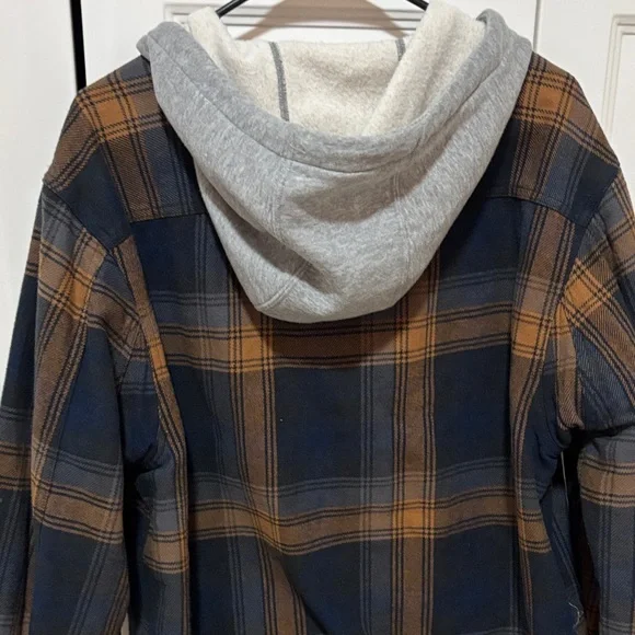 Duluth Trading Co Navy & Brown Plaid Hooded Flannel Shirt Jacket - Picture 8 of 9